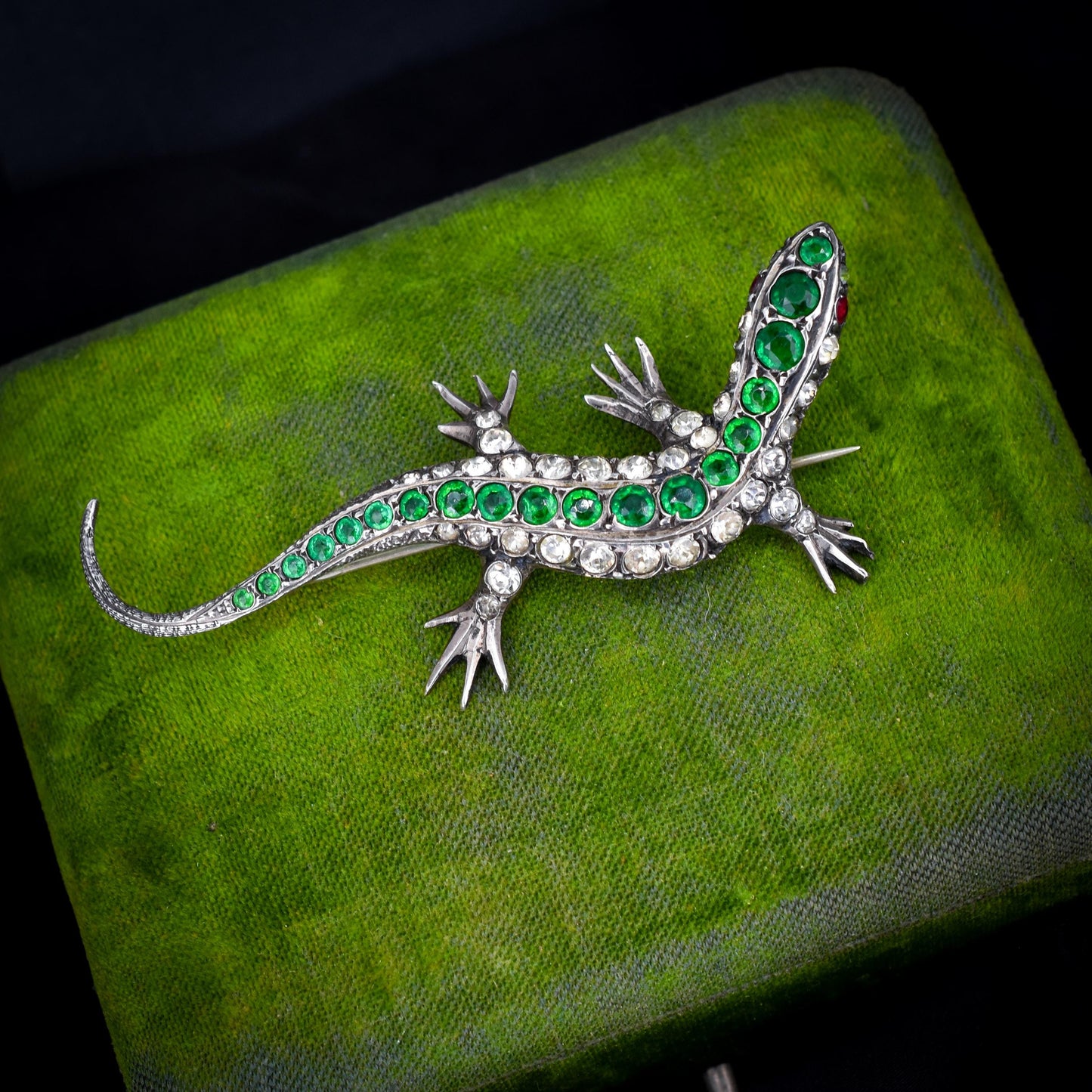 Antique Green Paste Silver Lizard Brooch | Victorian