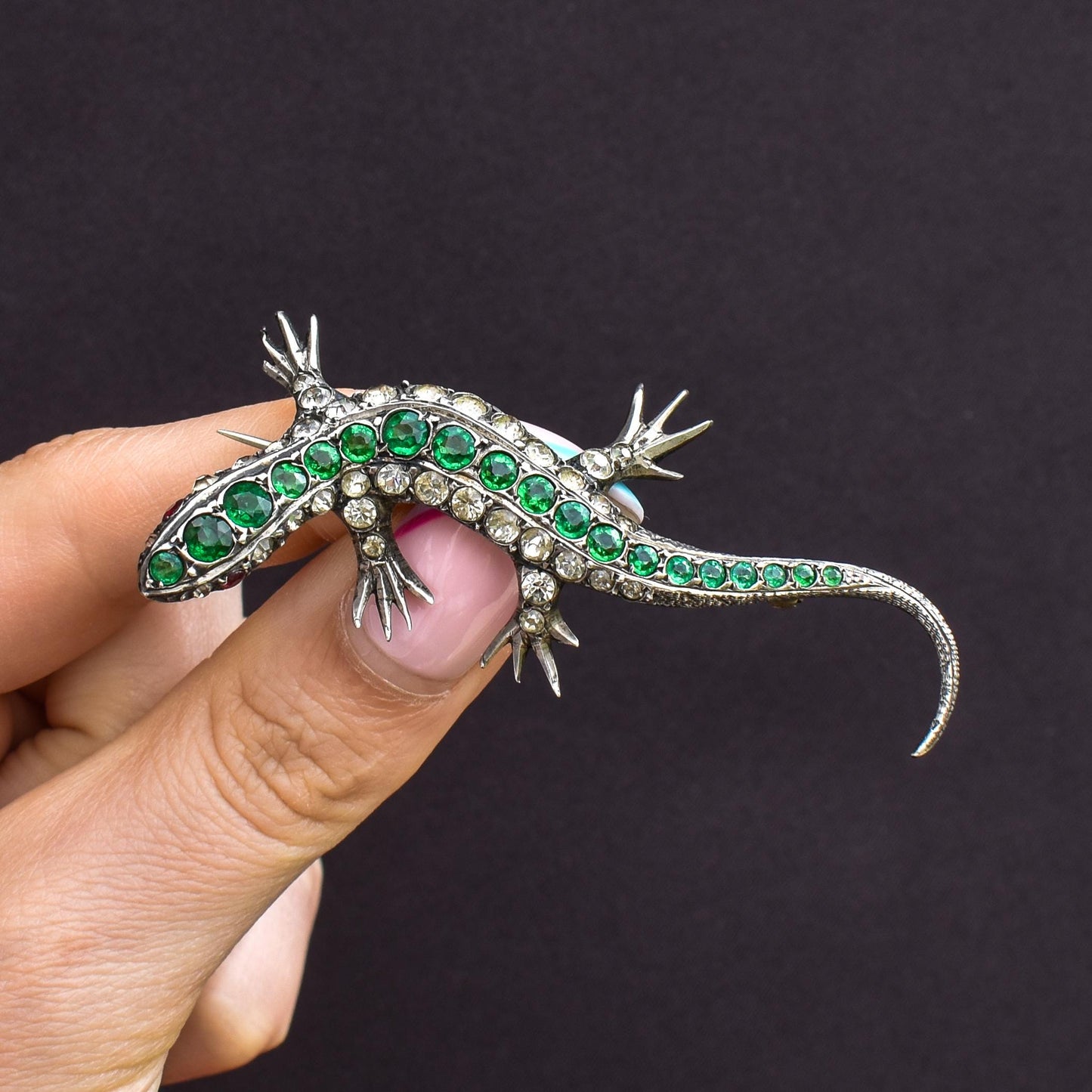 Antique Green Paste Silver Lizard Brooch | Victorian