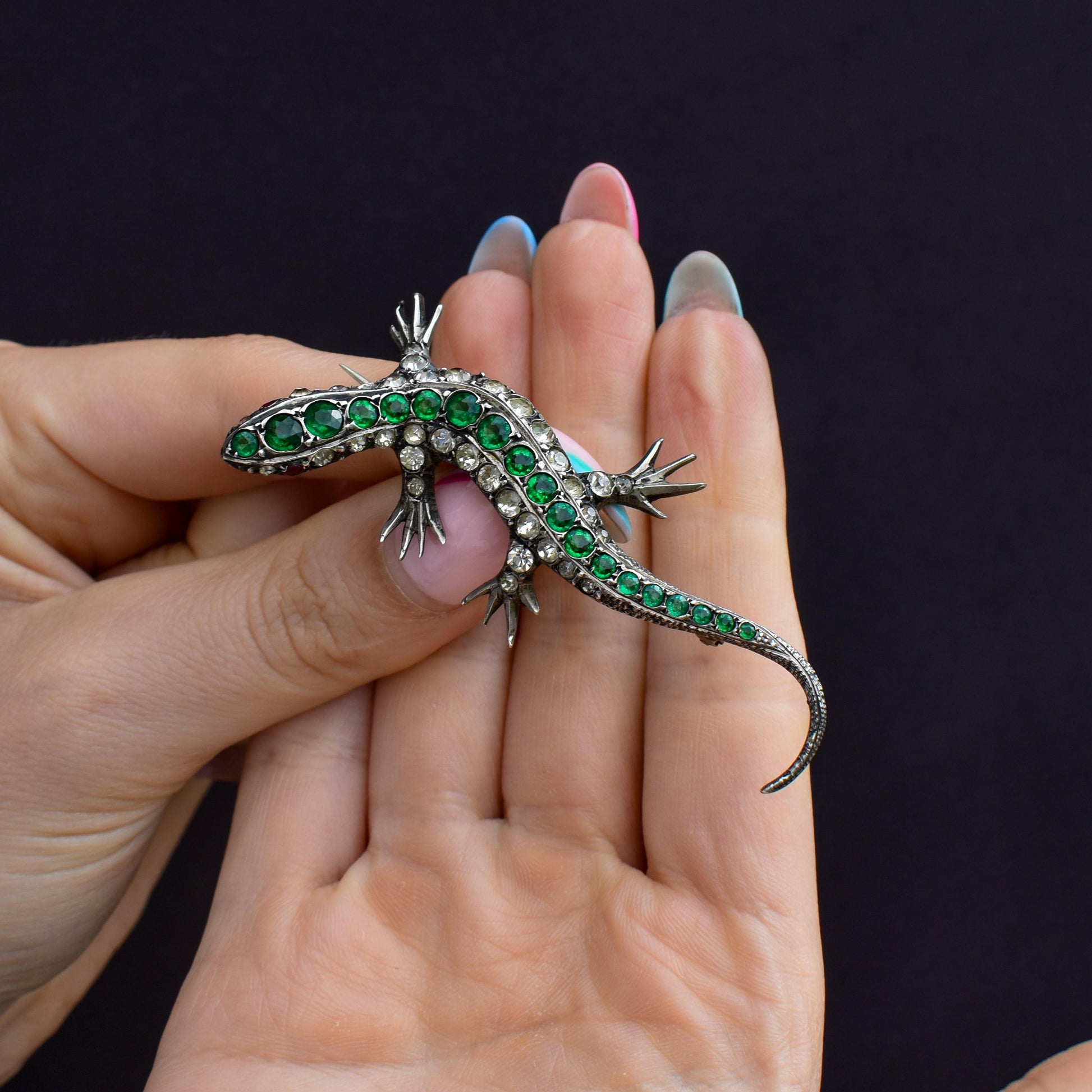 Antique Green Paste Silver Lizard Brooch | Victorian