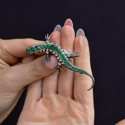 Antique Green Paste Silver Lizard Brooch | Victorian