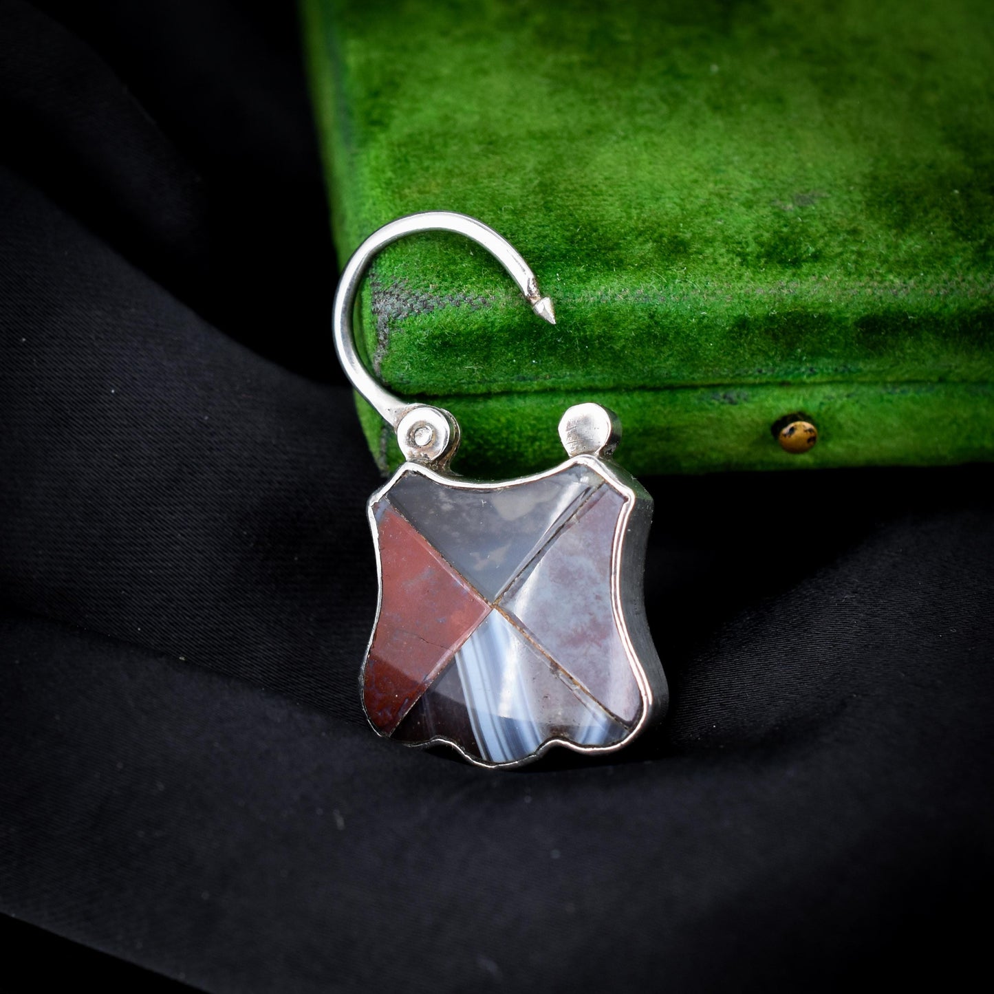 Antique Scottish Agate Engraved Silver Padlock Pendant Charm
