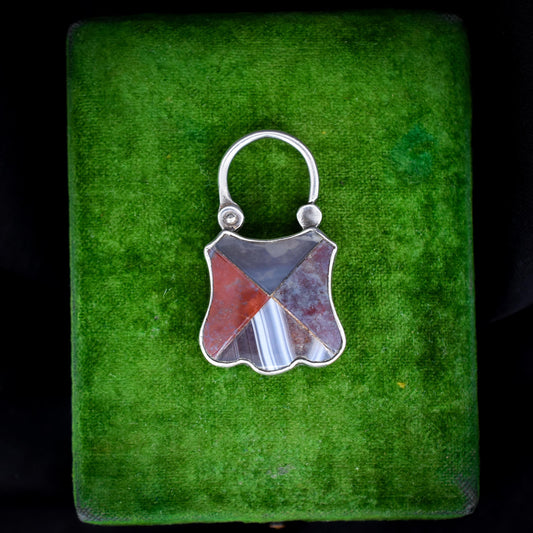 Antique Scottish Agate Engraved Silver Padlock Pendant Charm