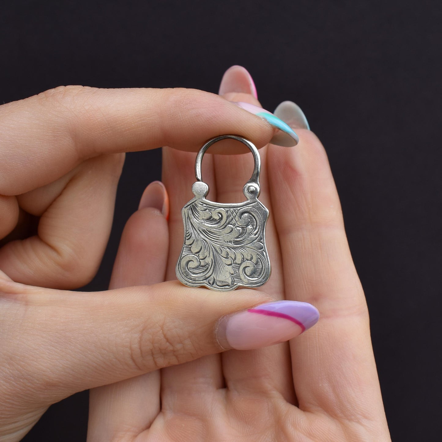 Antique Scottish Agate Engraved Silver Padlock Pendant Charm