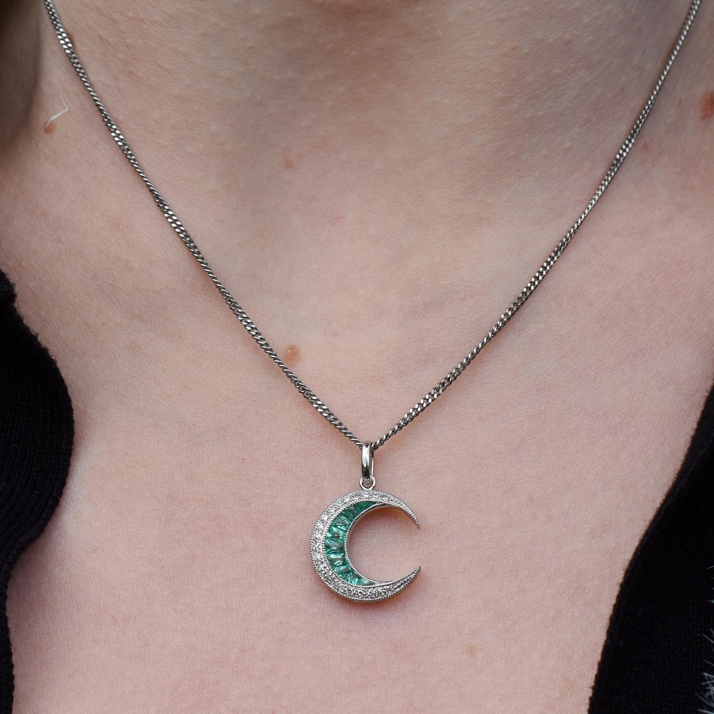 Antique Style Diamond and Emerald Crescent Moon Platinum Pendant
