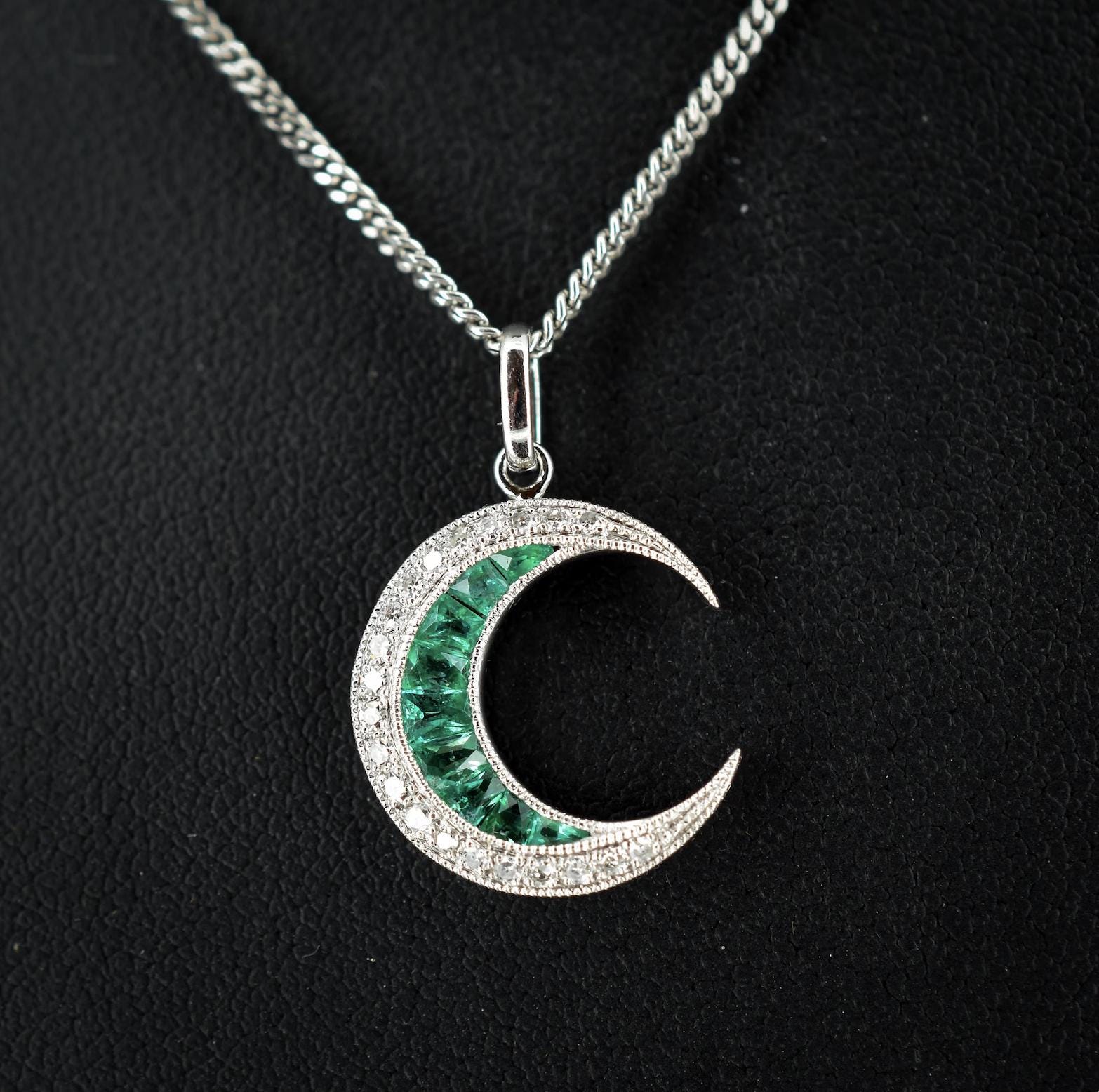 Antique Style Diamond and Emerald Crescent Moon Platinum Pendant