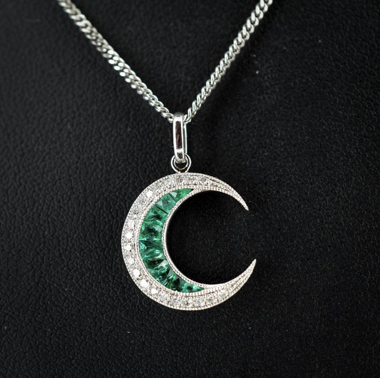 Antique Style Diamond and Emerald Crescent Moon Platinum Pendant