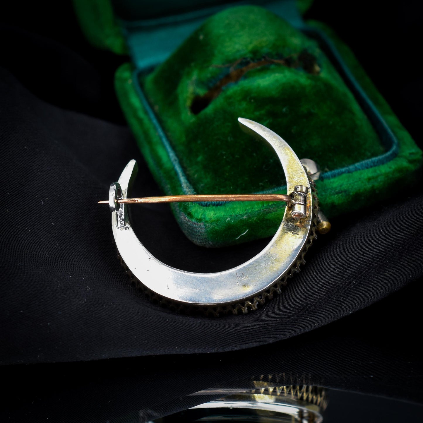 Antique Victorian Old Cut Green Paste Silver Crescent Moon Brooch Pin | Circa.1880