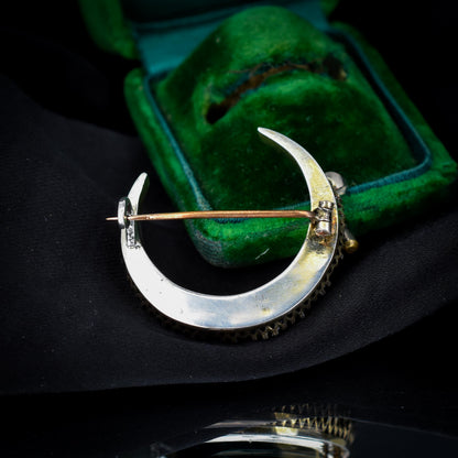 Antique Victorian Old Cut Green Paste Silver Crescent Moon Brooch Pin | Circa.1880
