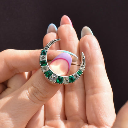 Antique Victorian Old Cut Green Paste Silver Crescent Moon Brooch Pin | Circa.1880
