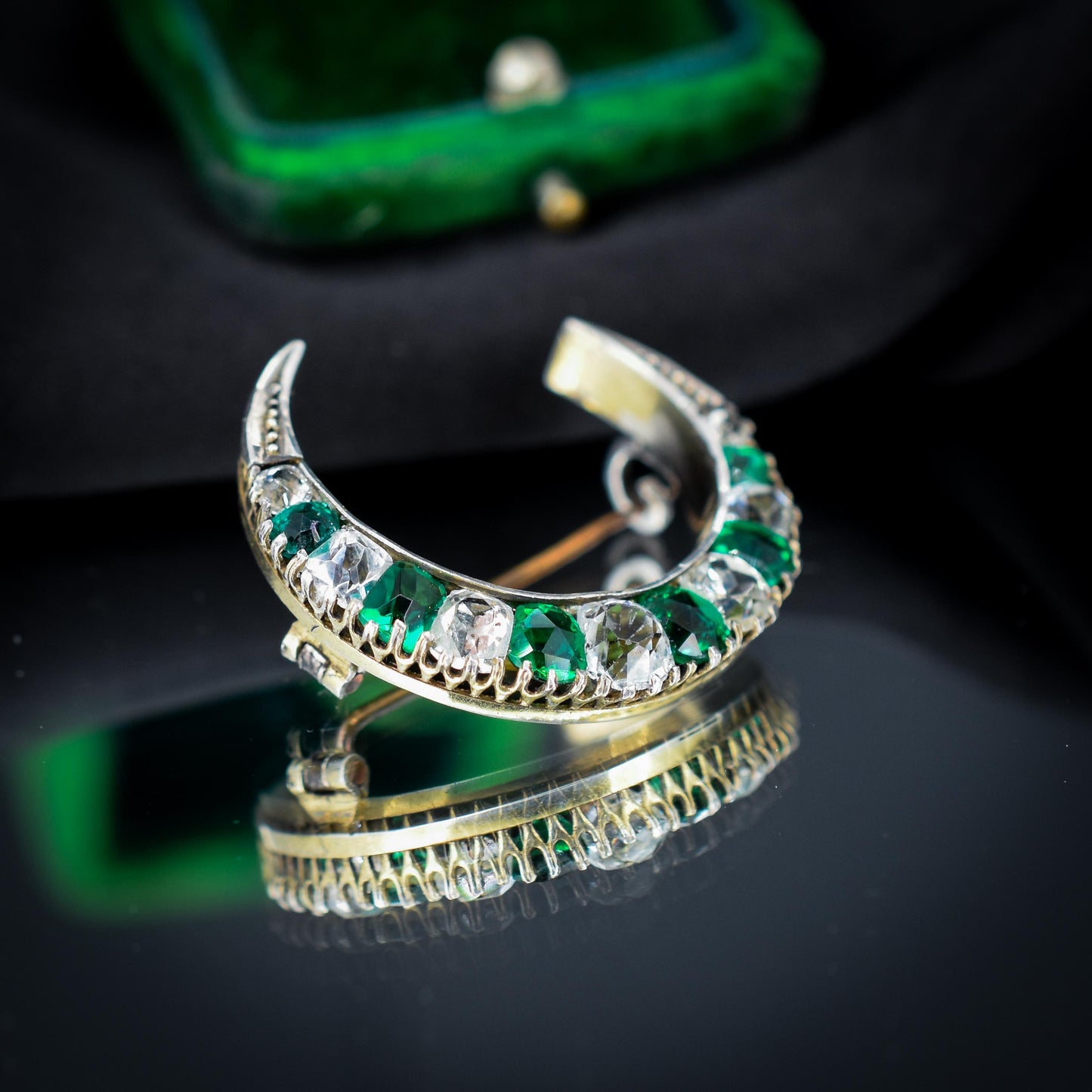 Antique Victorian Old Cut Green Paste Silver Crescent Moon Brooch Pin | Circa.1880