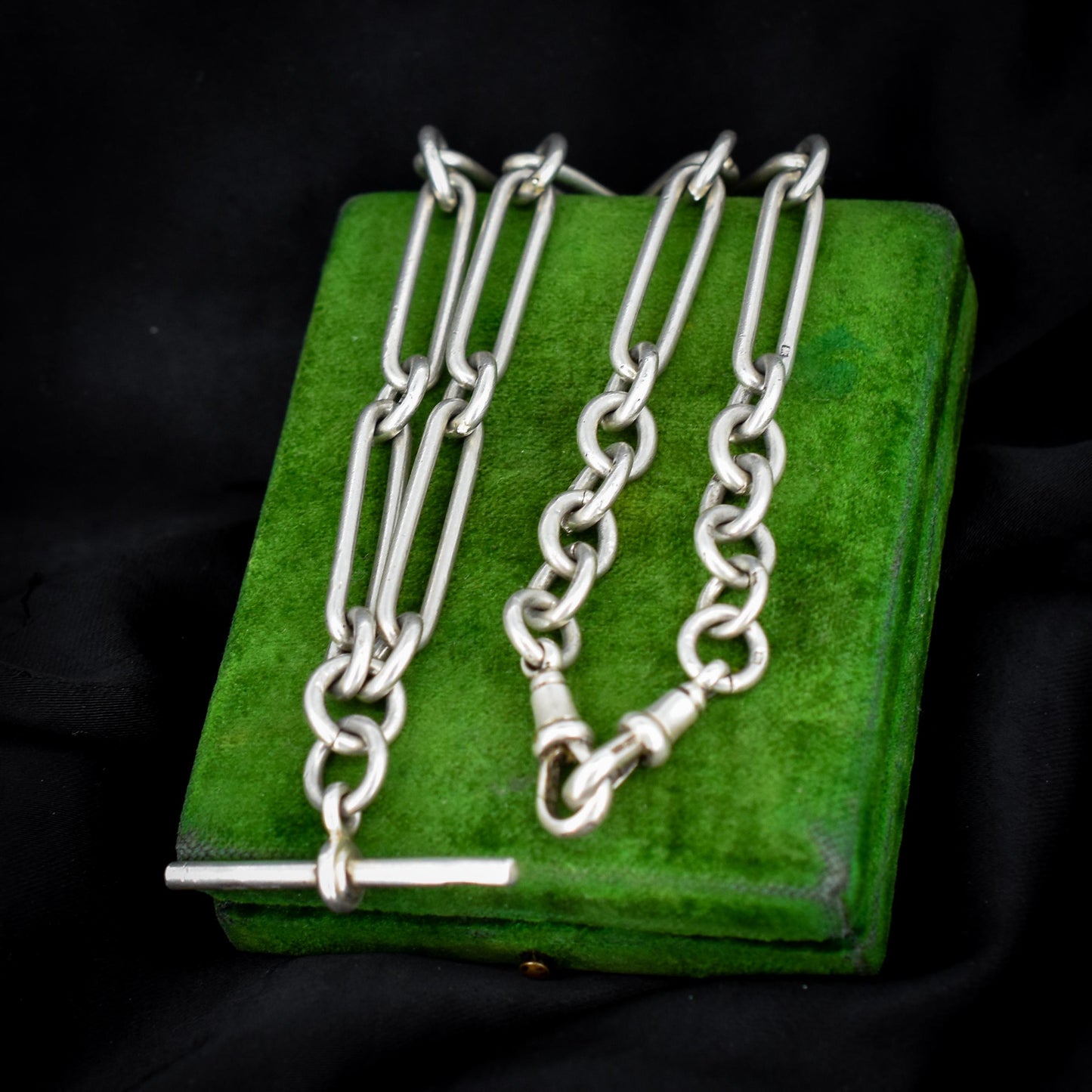 Art Deco Sterling Silver Trombone Watch Chain with Dog Clips and T Bar | 15.25"