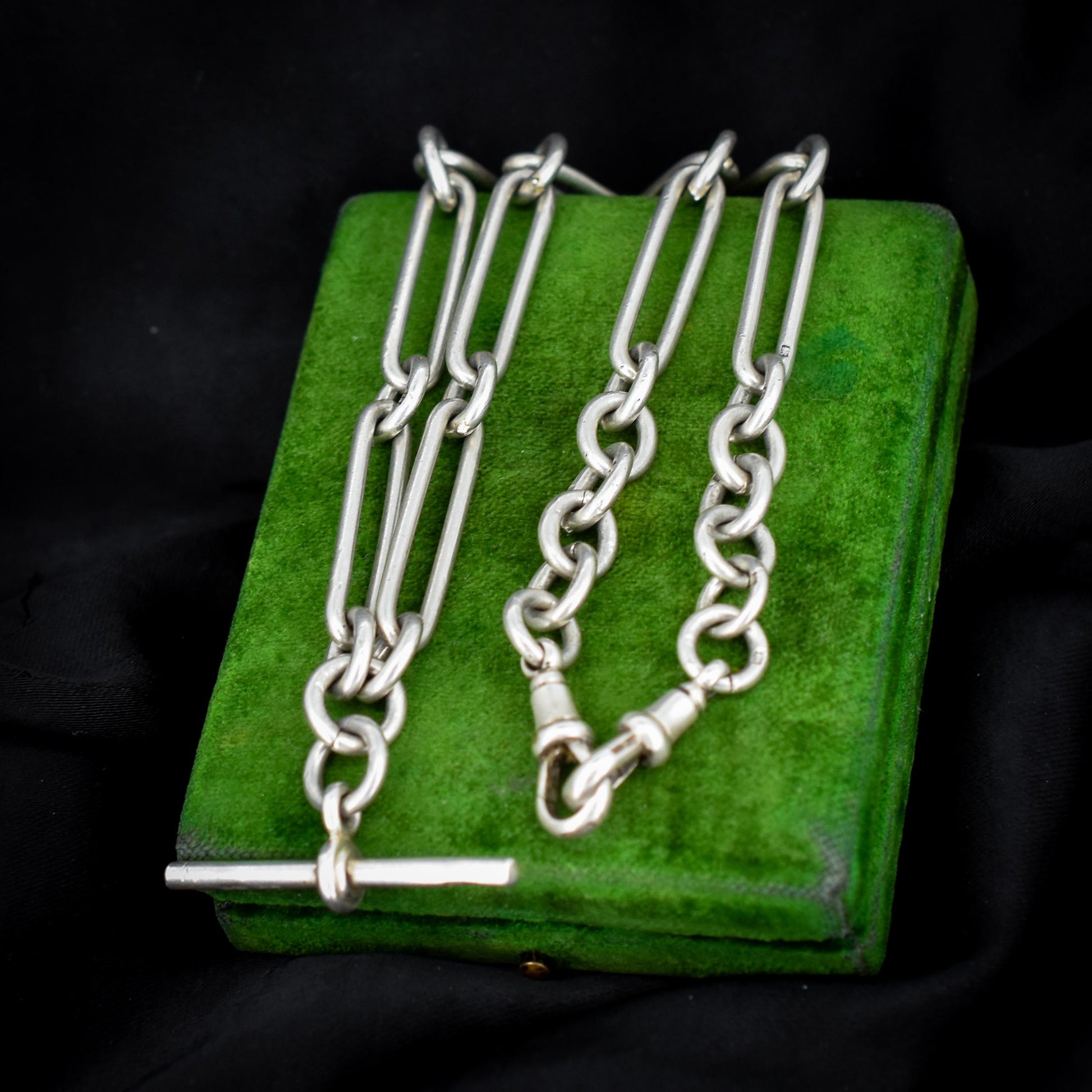 Art Deco Sterling Silver Trombone Watch Chain with Dog Clips and T Bar | 15.25"