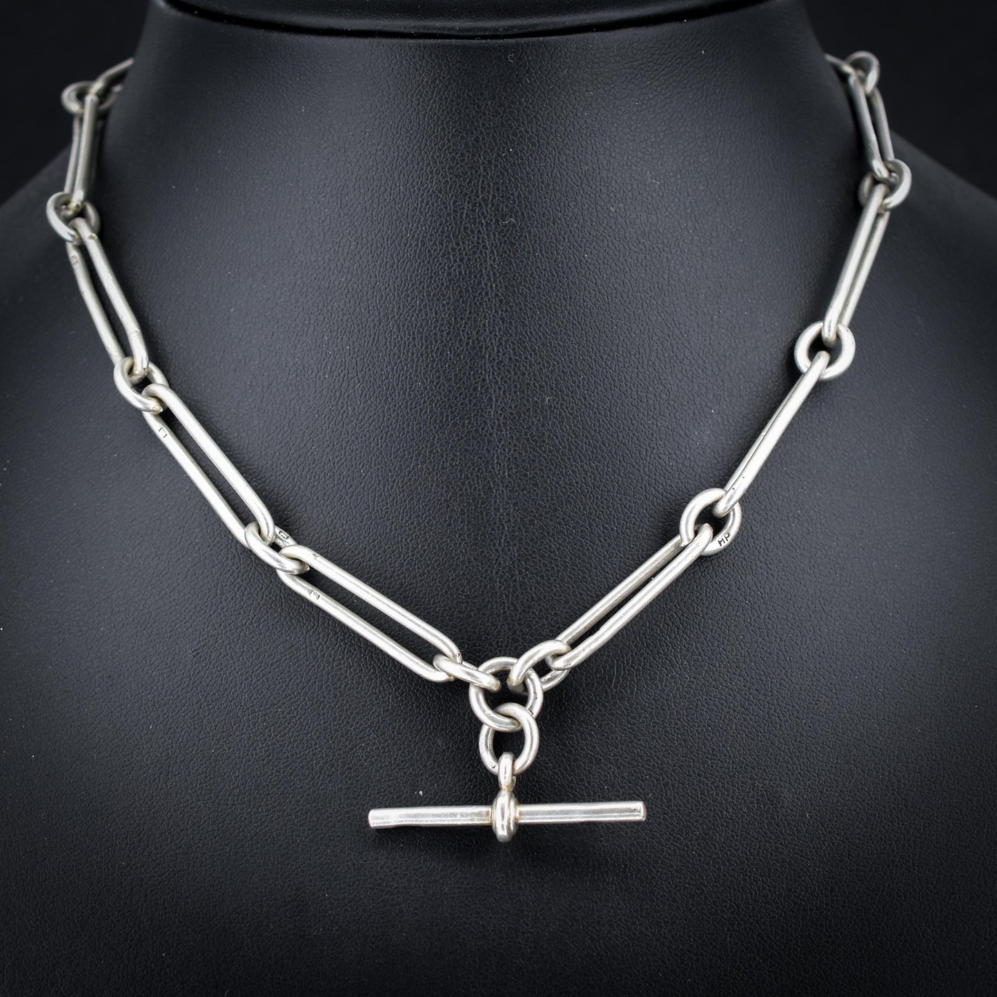 Art Deco Sterling Silver Trombone Watch Chain with Dog Clips and T Bar | 15.25"