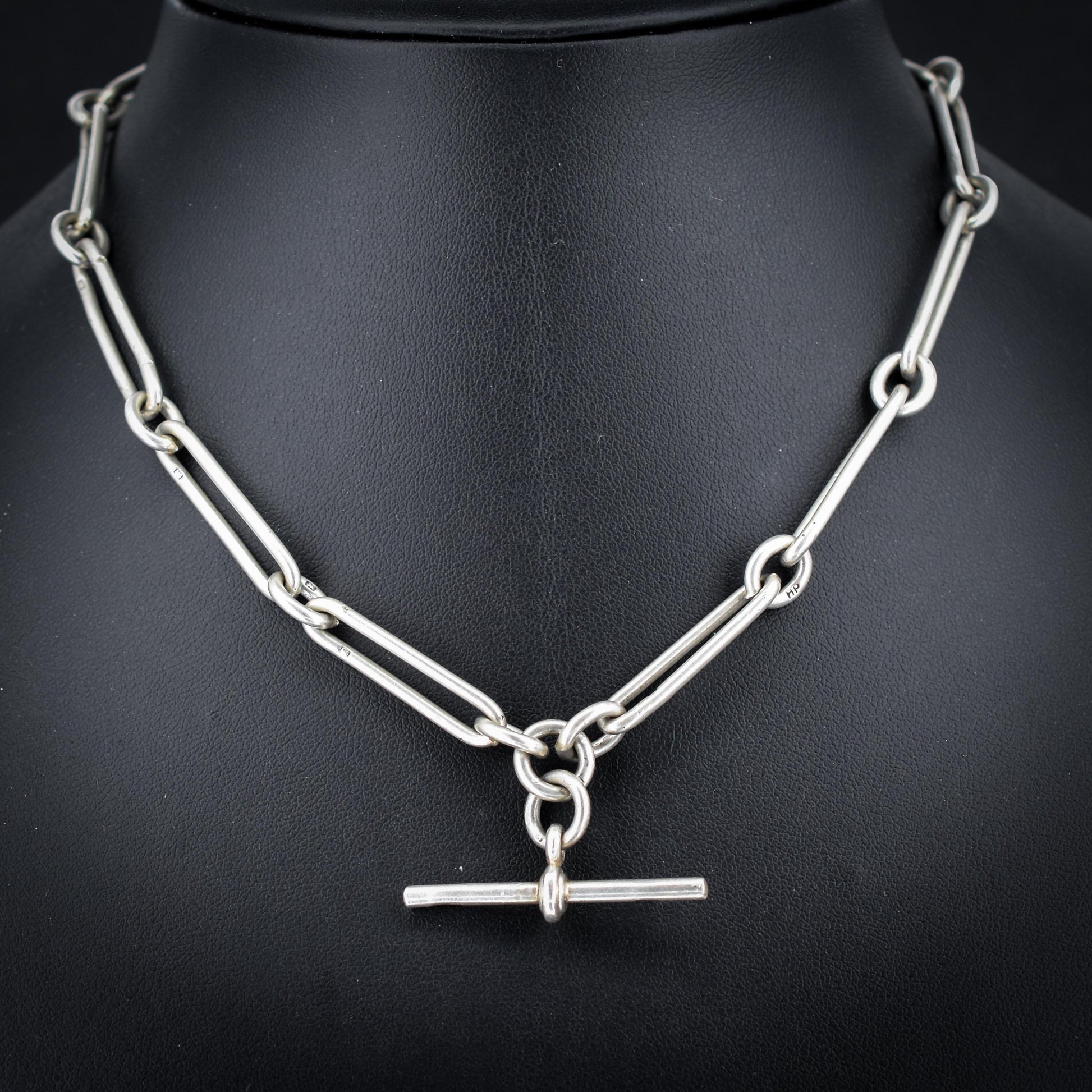 Art Deco Sterling Silver Trombone Watch Chain with Dog Clips and T Bar | 15.25"