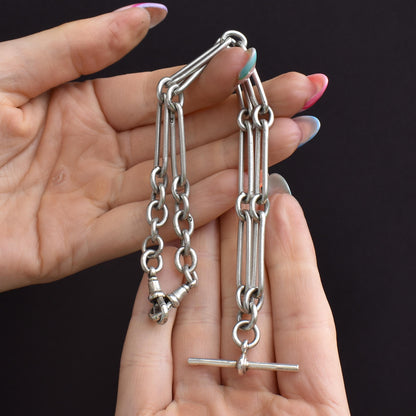 Art Deco Sterling Silver Trombone Watch Chain with Dog Clips and T Bar | 15.25"