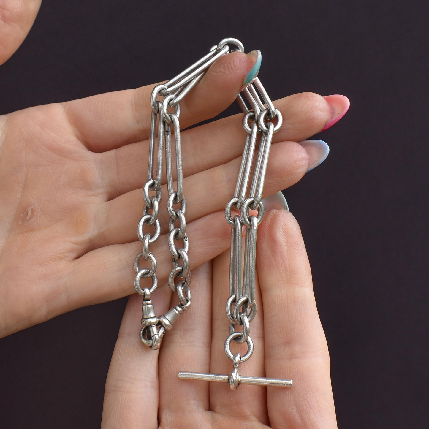 Art Deco Sterling Silver Trombone Watch Chain with Dog Clips and T Bar | 15.25"