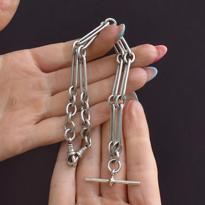 Art Deco Sterling Silver Trombone Watch Chain with Dog Clips and T Bar | 15.25"