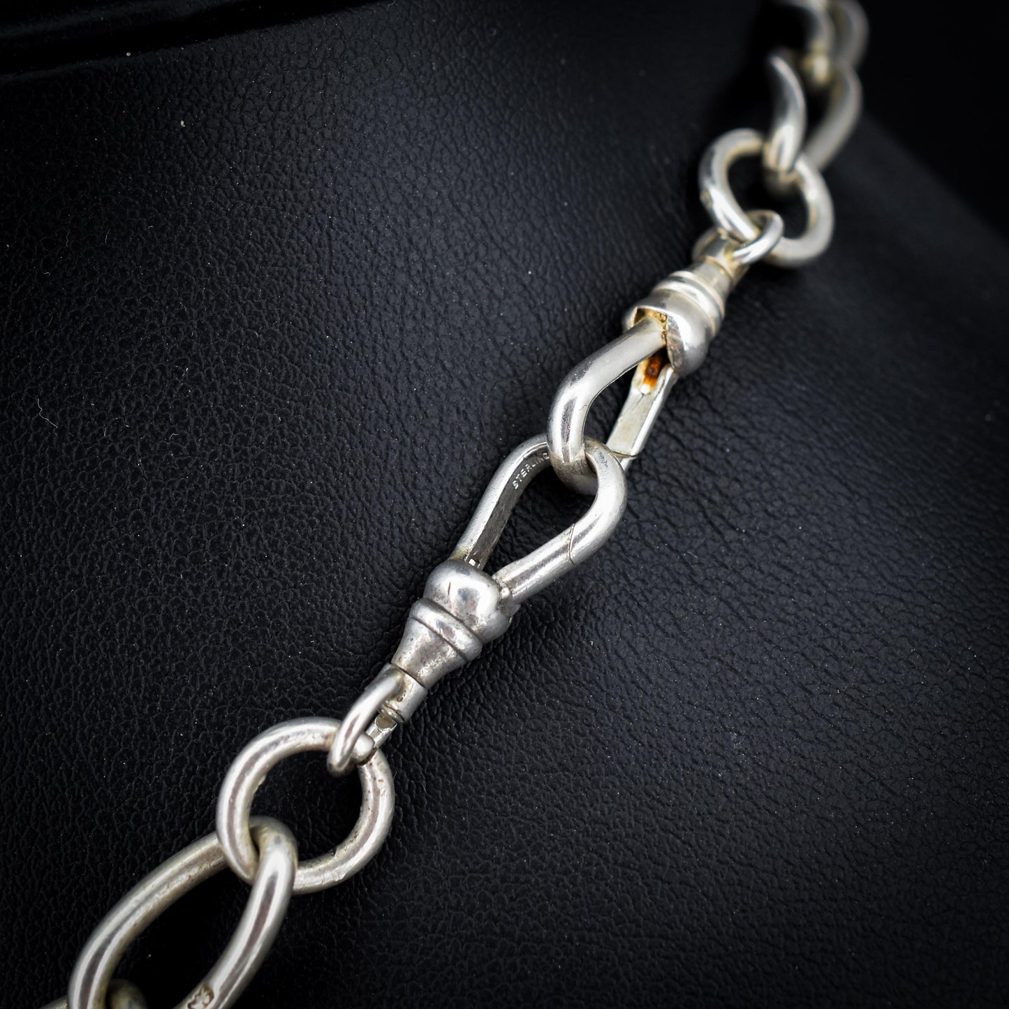 Antique 14.75" Sterling Silver Oval Link Albert Watch Chain Necklace with T-Bar and Dog Clips