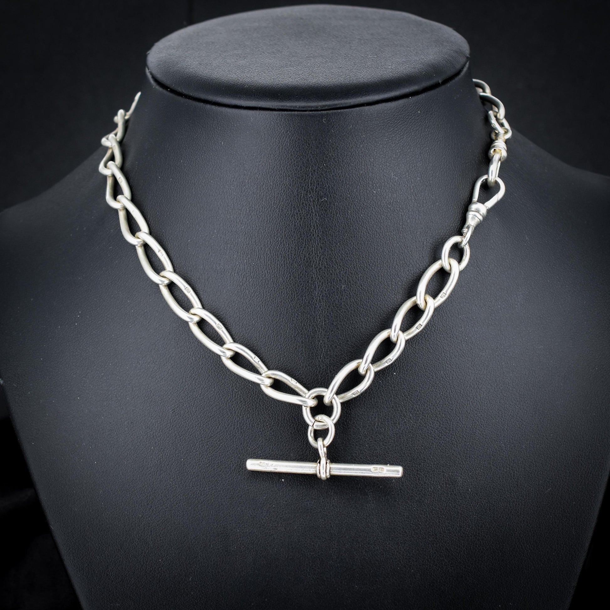Antique 14.75" Sterling Silver Oval Link Albert Watch Chain Necklace with T-Bar and Dog Clips