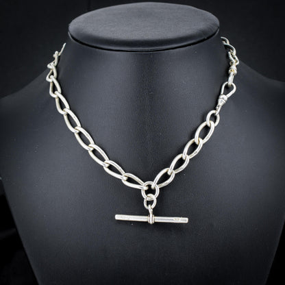 Antique 14.75" Sterling Silver Oval Link Albert Watch Chain Necklace with T-Bar and Dog Clips