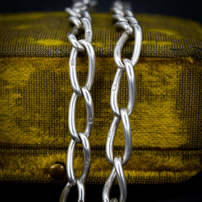 Antique 14.75" Sterling Silver Oval Link Albert Watch Chain Necklace with T-Bar and Dog Clips