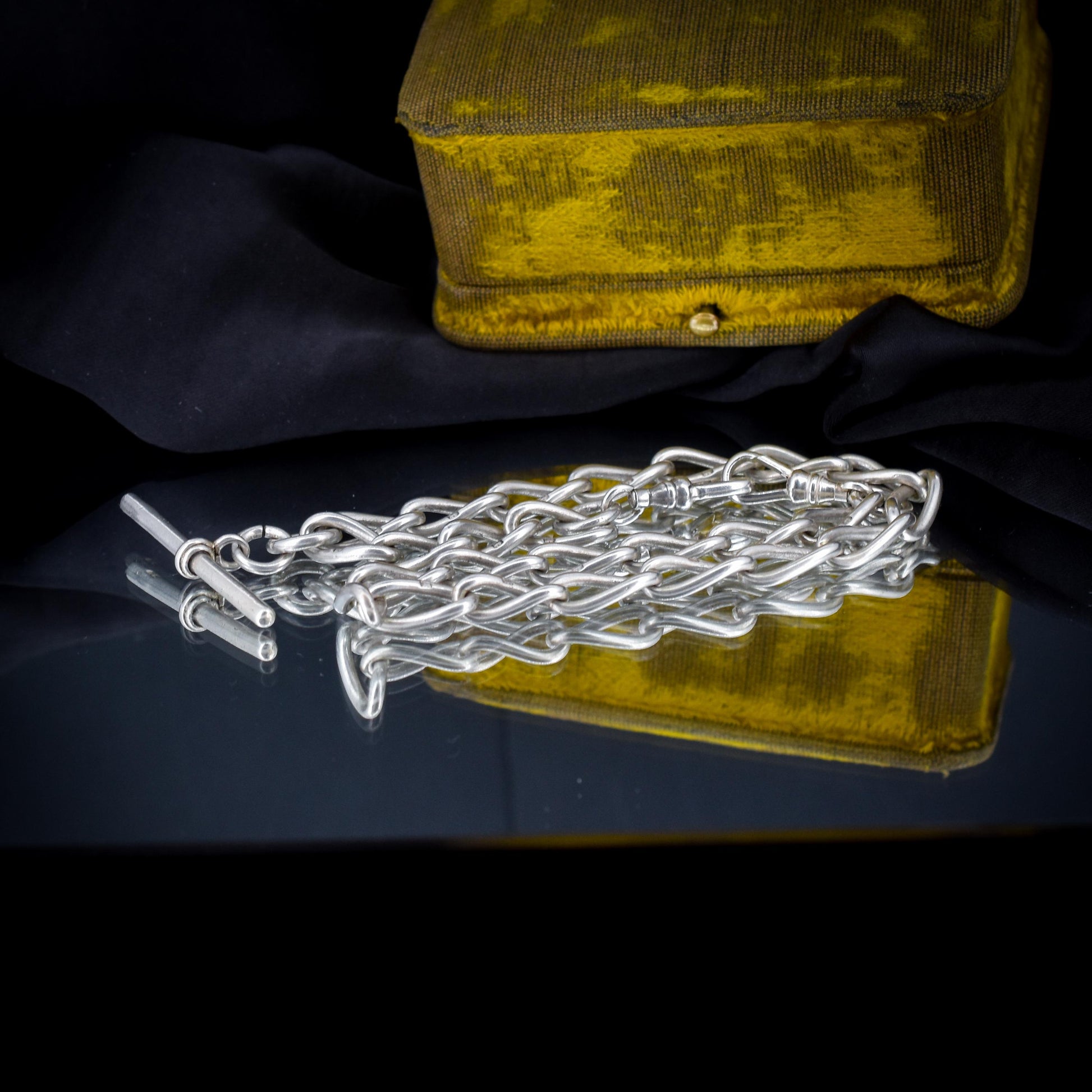Antique 14.75" Sterling Silver Oval Link Albert Watch Chain Necklace with T-Bar and Dog Clips