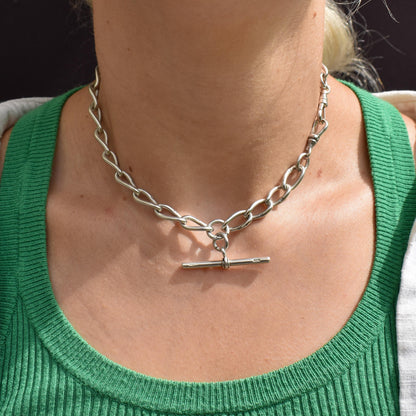 Antique 14.75" Sterling Silver Oval Link Albert Watch Chain Necklace with T-Bar and Dog Clips
