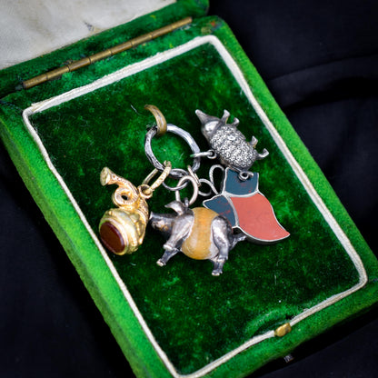 Antique Silver Lucky Charms on Split Ring (Pig, Ivy, Bugle)