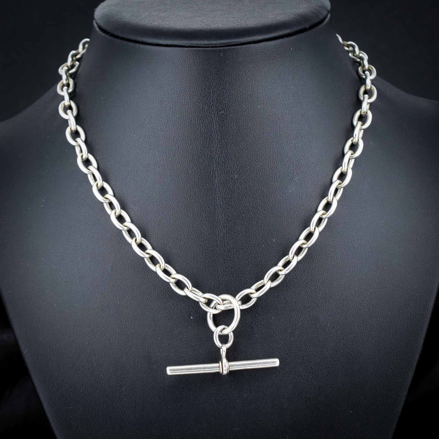 Vintage Sterling Silver Cable Link Watch Chain Necklace with T-Bar and Dog Clips – 16"