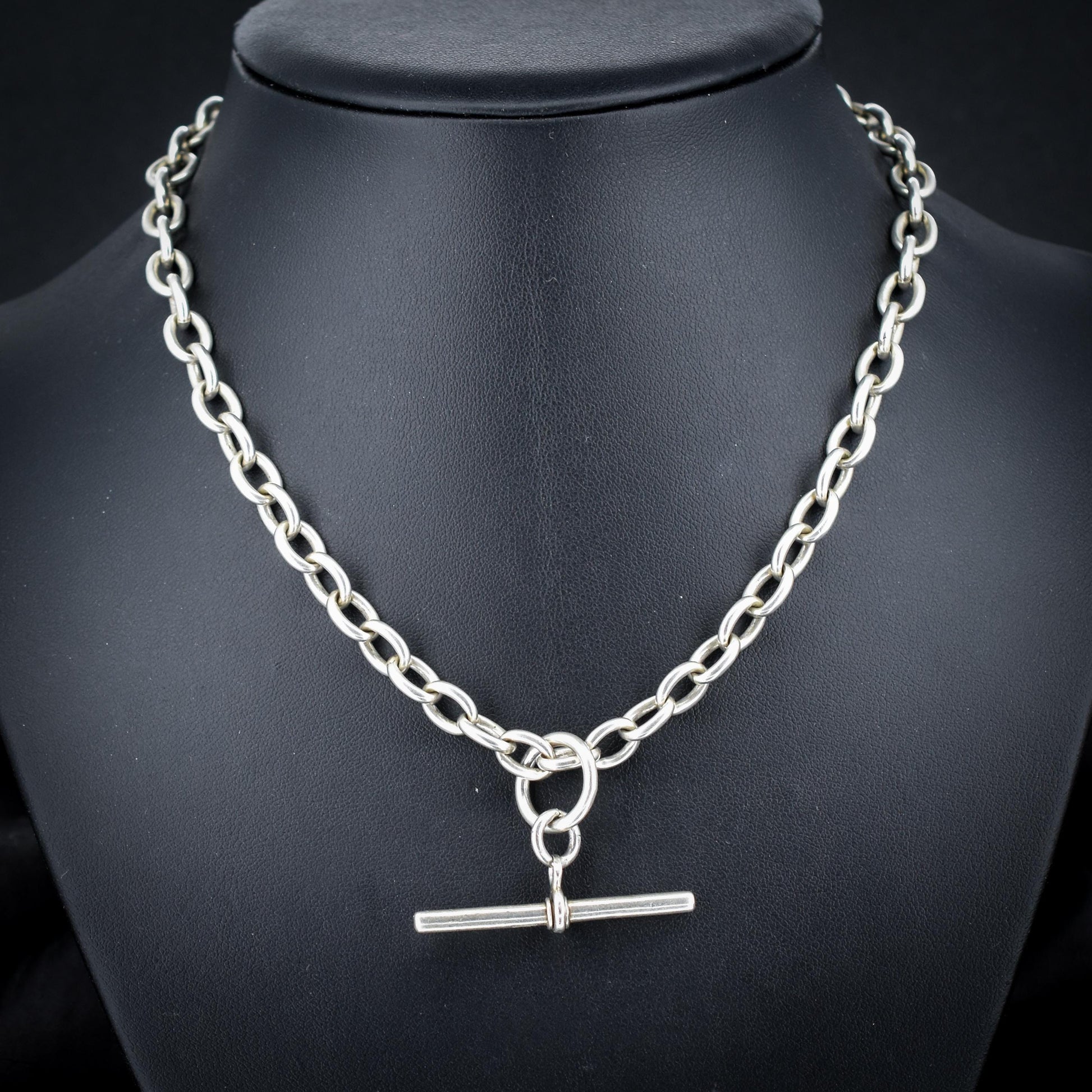 Vintage Sterling Silver Cable Link Watch Chain Necklace with T-Bar and Dog Clips – 16"