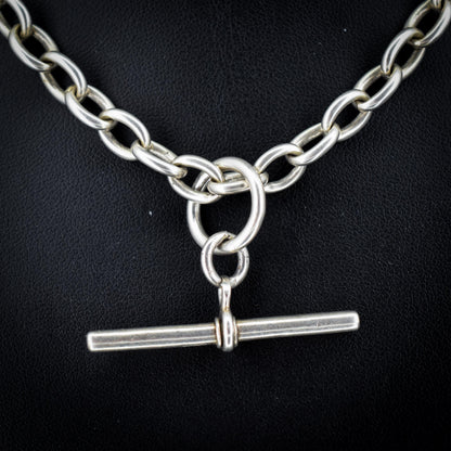 Vintage Sterling Silver Cable Link Watch Chain Necklace with T-Bar and Dog Clips – 16"
