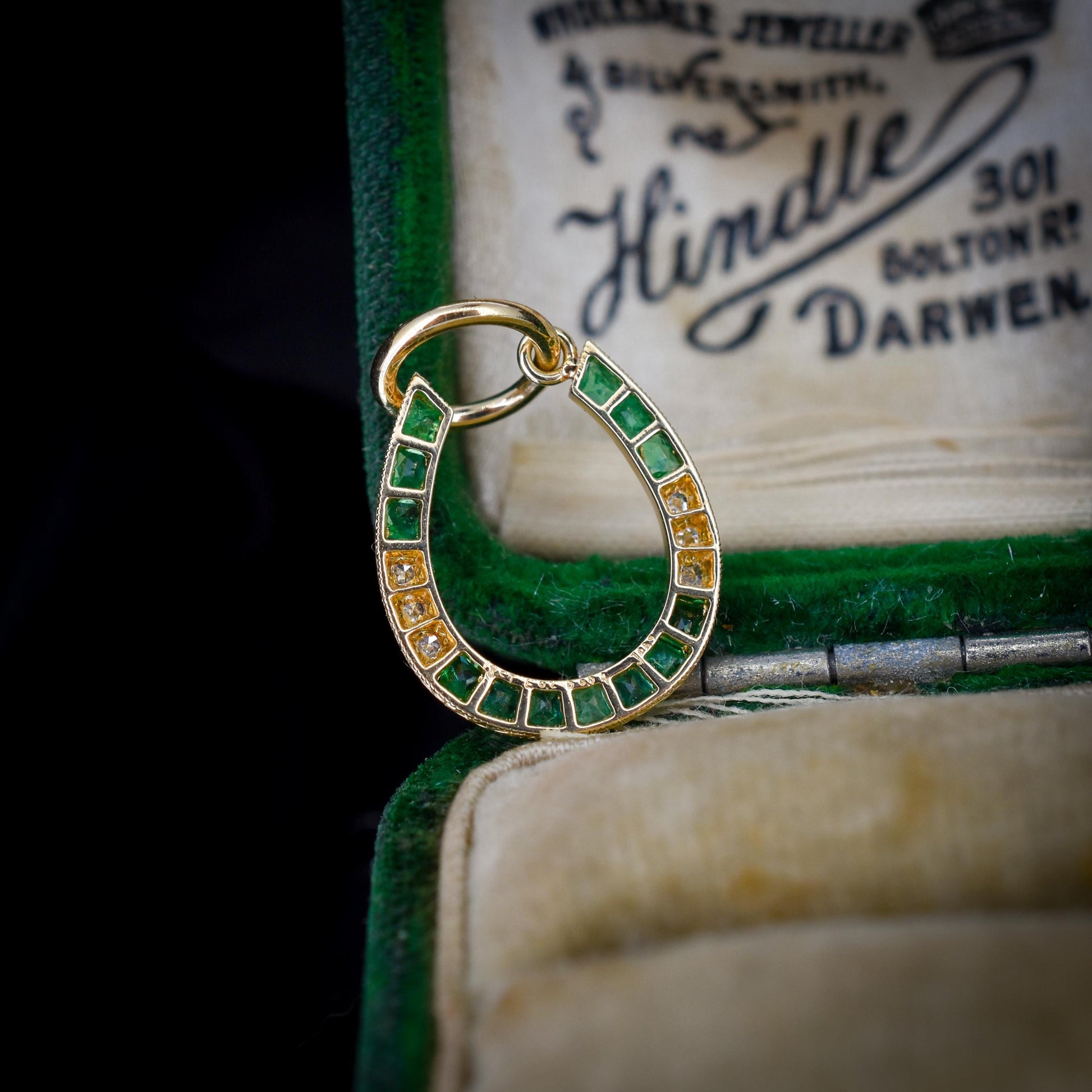 Emerald and Diamond Horseshoe 18ct Gold Charm Pendant