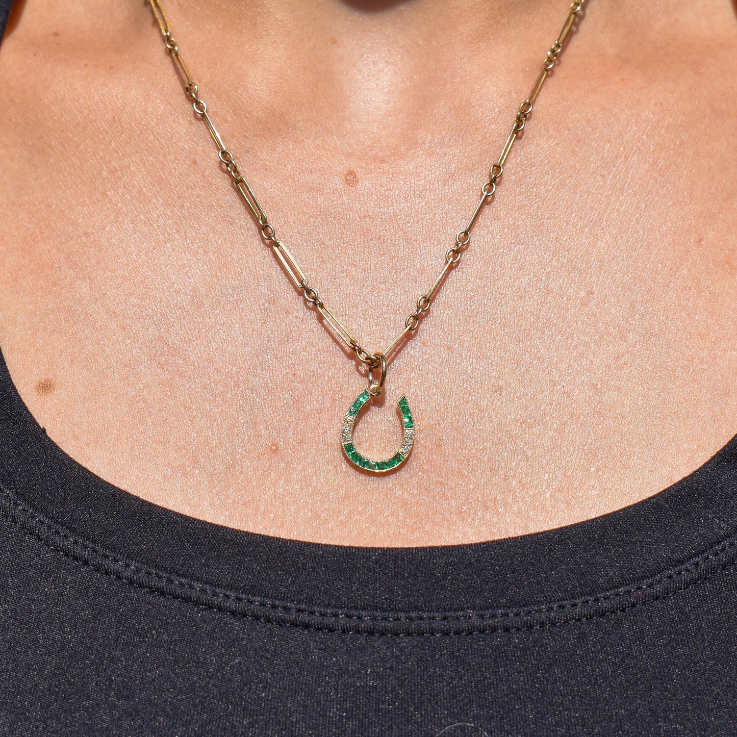 Emerald and Diamond Horseshoe 18ct Gold Charm Pendant