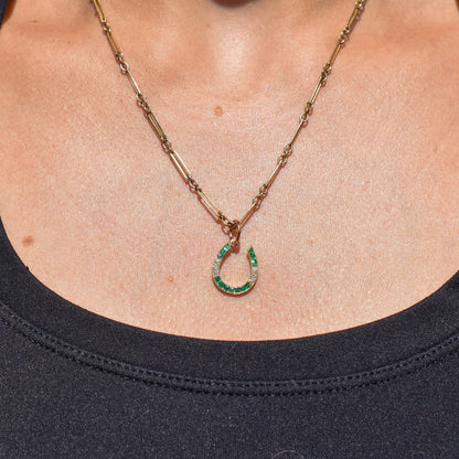 Emerald and Diamond Horseshoe 18ct Gold Charm Pendant