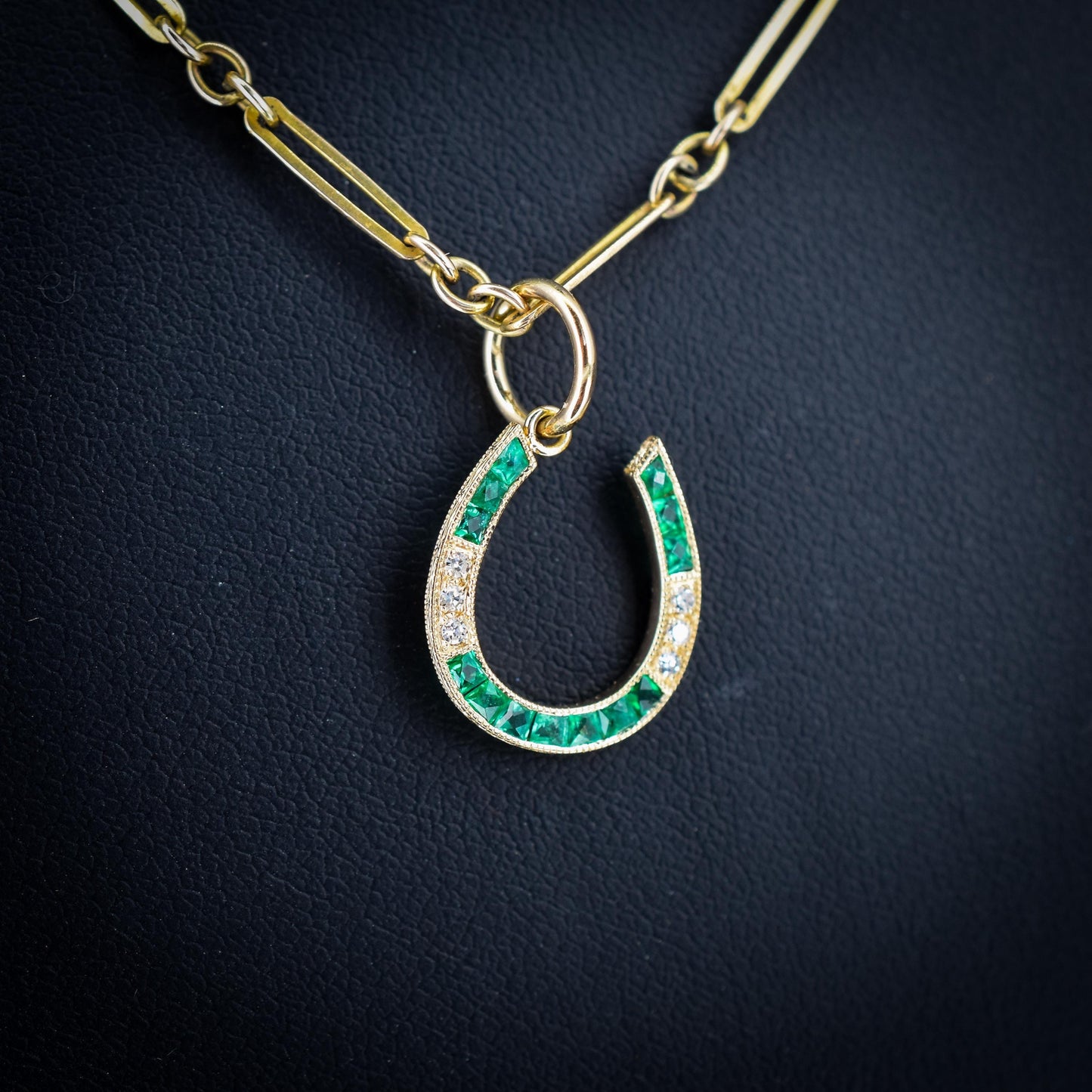 Emerald and Diamond Horseshoe 18ct Gold Charm Pendant