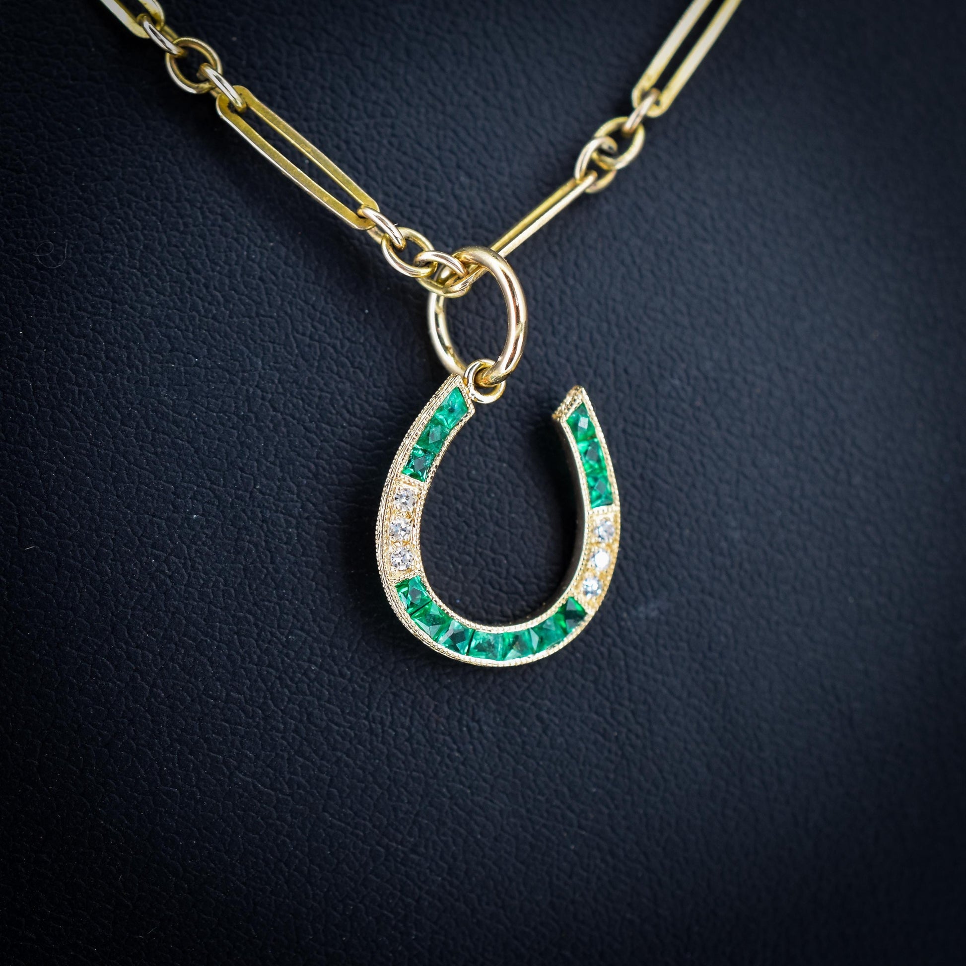 Emerald and Diamond Horseshoe 18ct Gold Charm Pendant