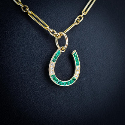 Emerald and Diamond Horseshoe 18ct Gold Charm Pendant