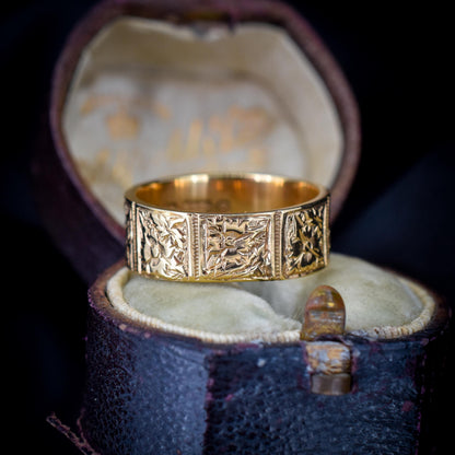 Antique Victorian 9ct Gold Fancy Patterned Wedding Cigar Band Ring | Dated 1889