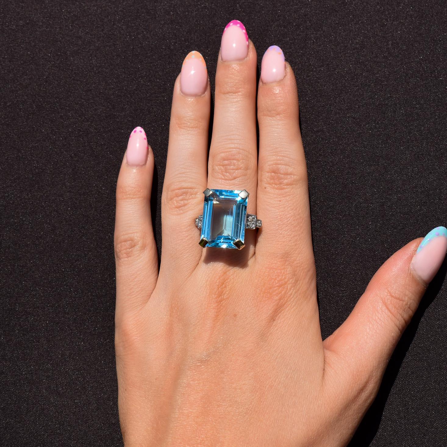 26ct Blue Topaz and Diamond Gold Statement Cocktail Ring | Art Deco Style