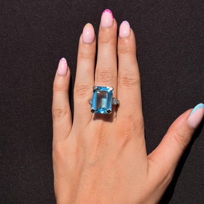 26ct Blue Topaz and Diamond Gold Statement Cocktail Ring | Art Deco Style