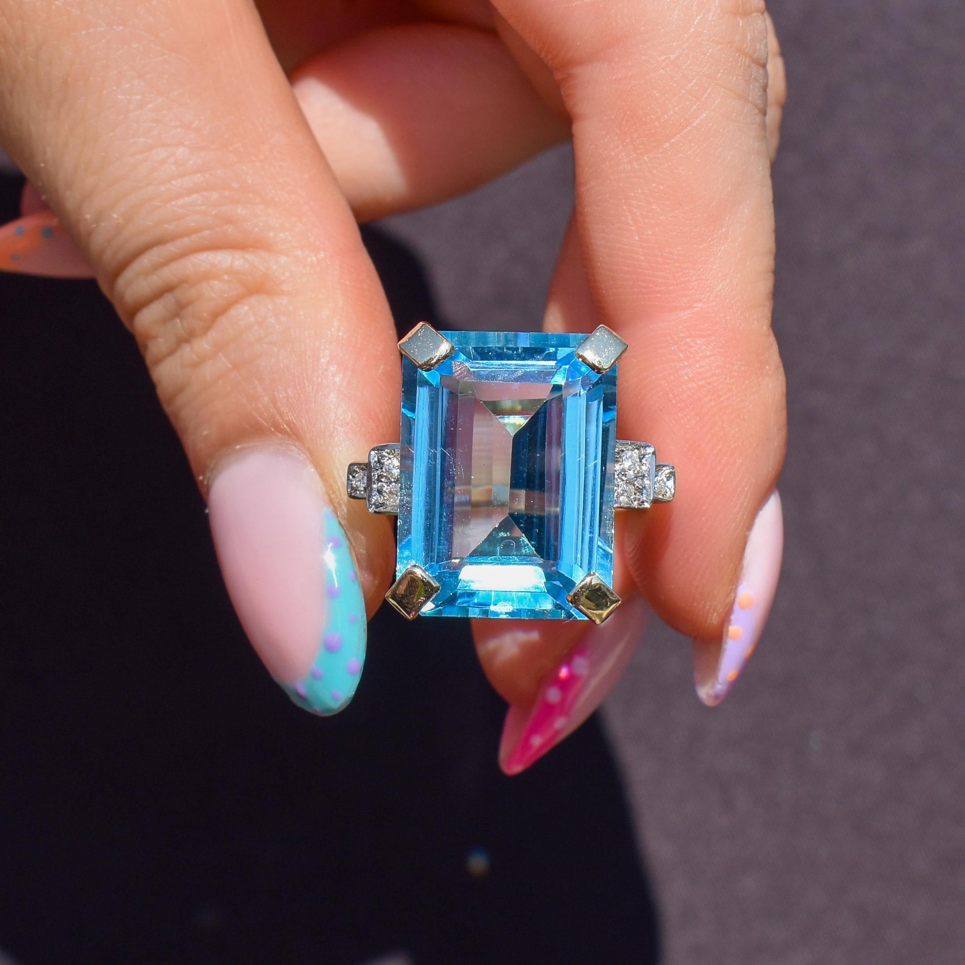 26ct Blue Topaz and Diamond Gold Statement Cocktail Ring | Art Deco Style
