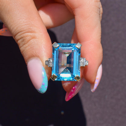 26ct Blue Topaz and Diamond Gold Statement Cocktail Ring | Art Deco Style