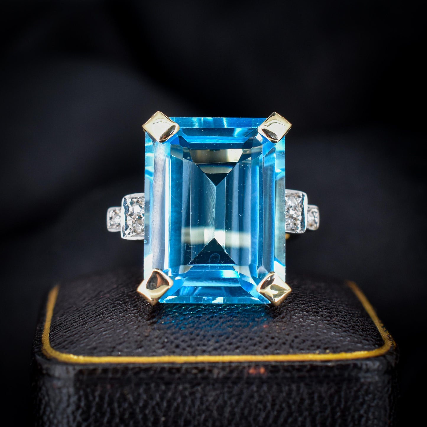 26ct Blue Topaz and Diamond Gold Statement Cocktail Ring | Art Deco Style