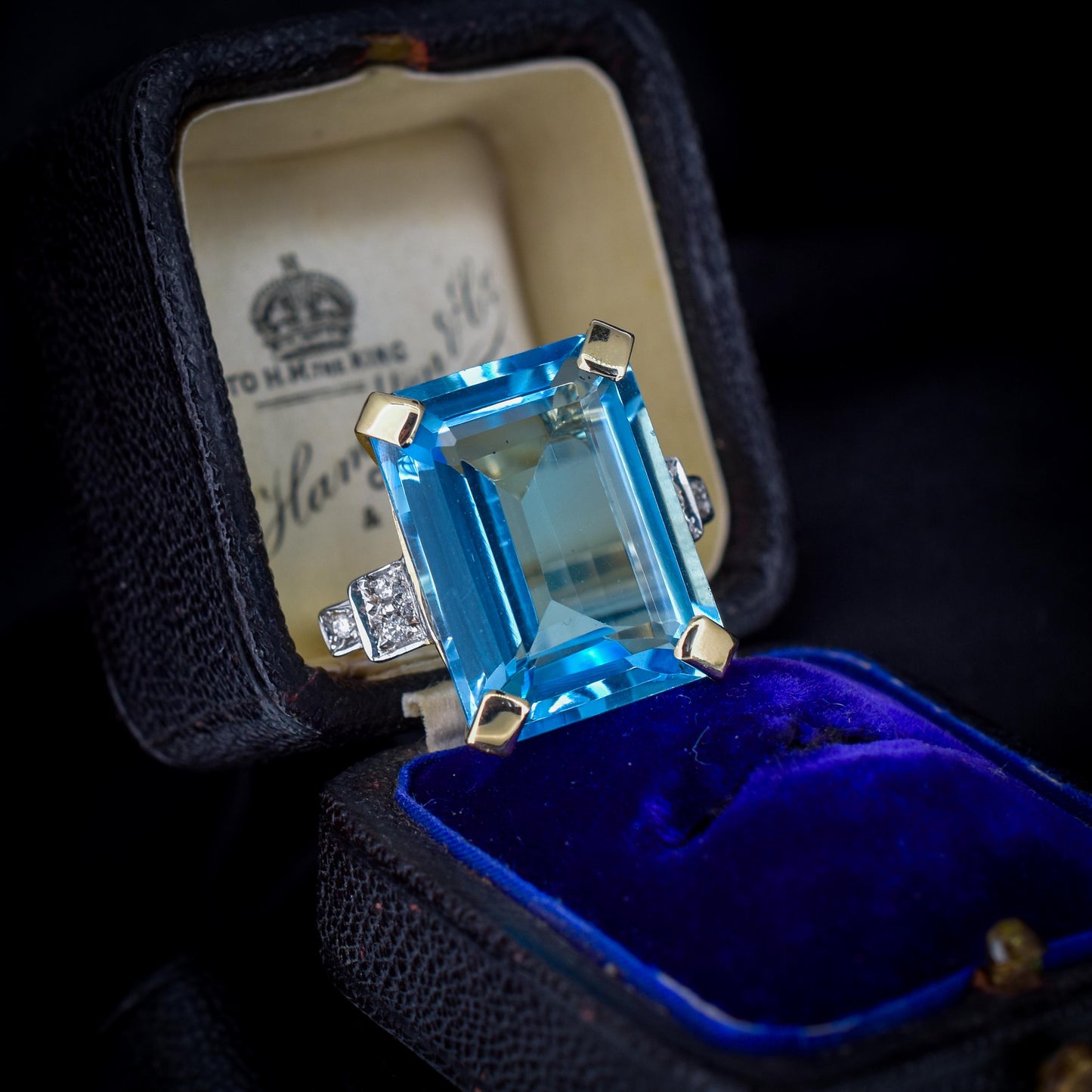 26ct Blue Topaz and Diamond Gold Statement Cocktail Ring | Art Deco Style