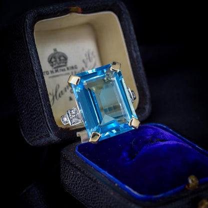 26ct Blue Topaz and Diamond Gold Statement Cocktail Ring | Art Deco Style