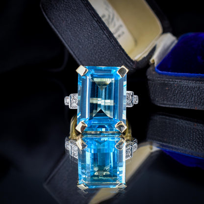 26ct Blue Topaz and Diamond Gold Statement Cocktail Ring | Art Deco Style