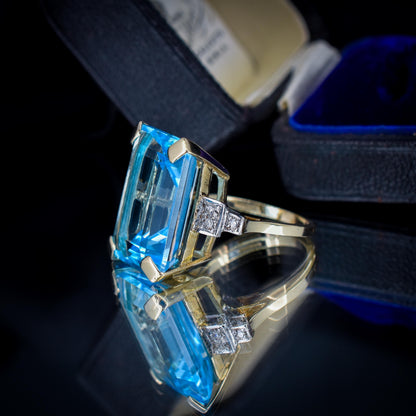 26ct Blue Topaz and Diamond Gold Statement Cocktail Ring | Art Deco Style