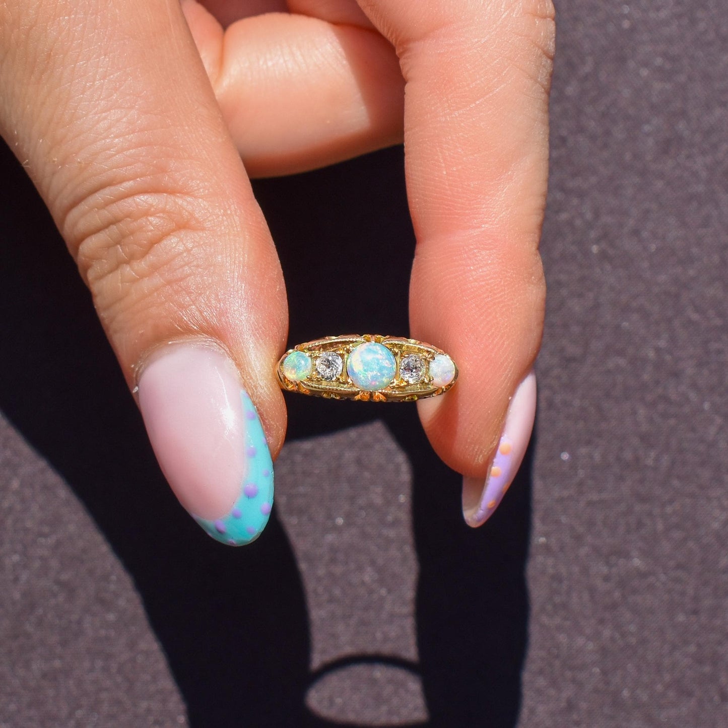 Antique Natural Opal and Diamond 18ct Gold Boat Ring | Birmingham 1906