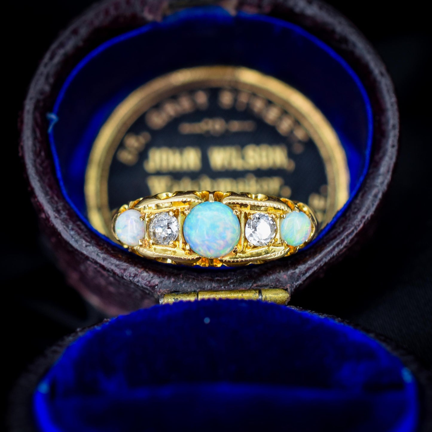Antique Natural Opal and Diamond 18ct Gold Boat Ring | Birmingham 1906