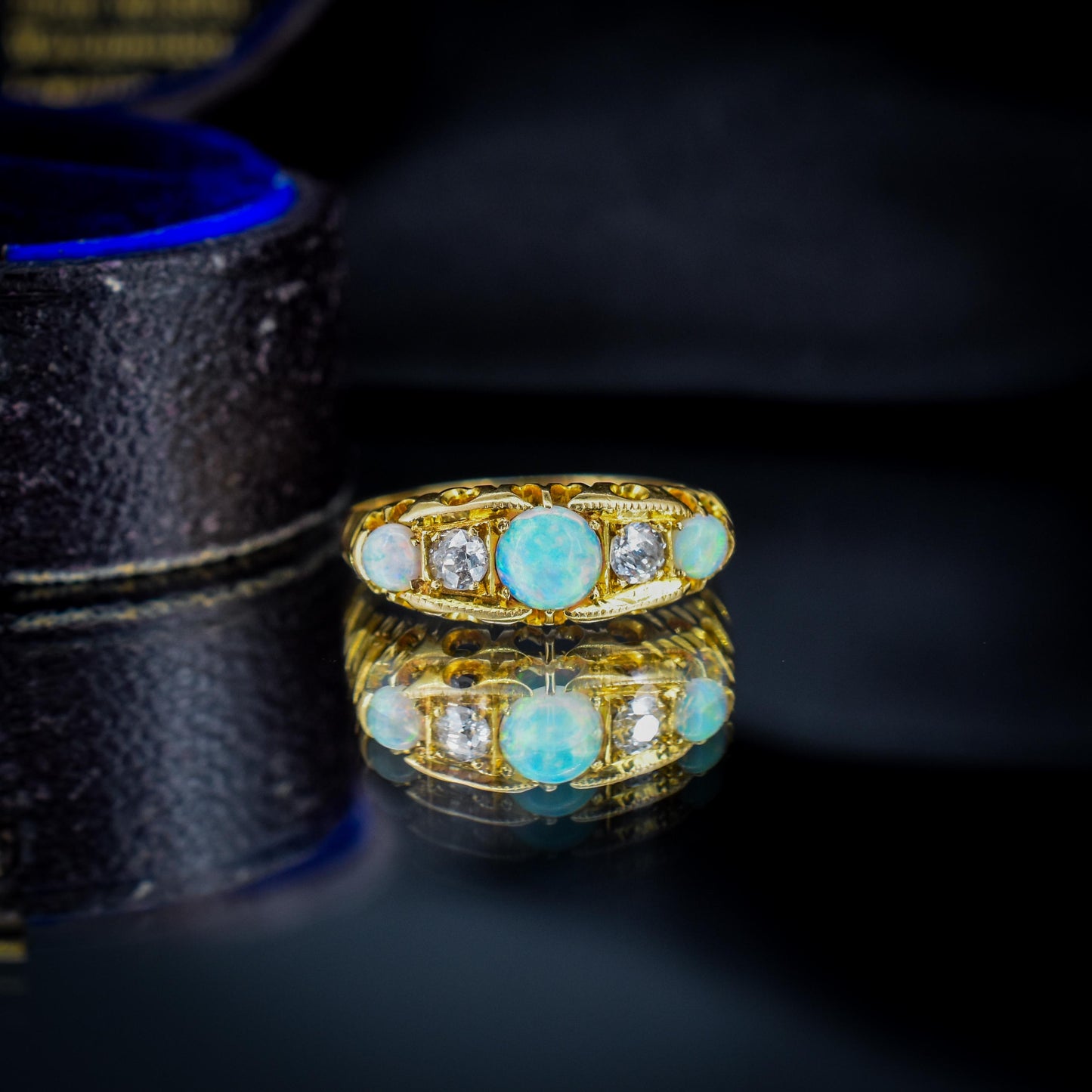 Antique Natural Opal and Diamond 18ct Gold Boat Ring | Birmingham 1906